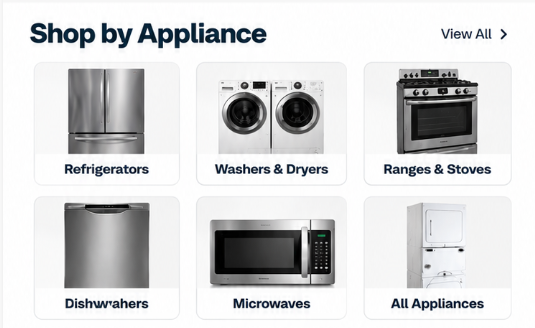 Refrigerators, washers and dryers, ranges and stoves, dishwashers, microwaves, and all appliances