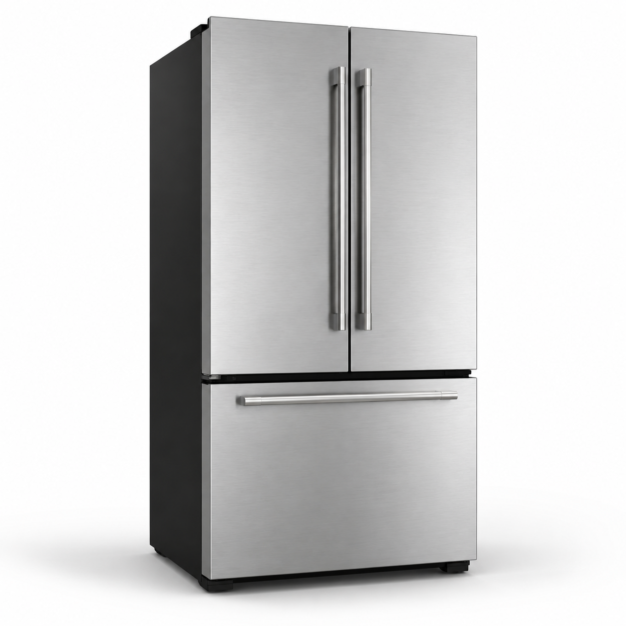Brushed stainless steel French-door refrigerator with black accents