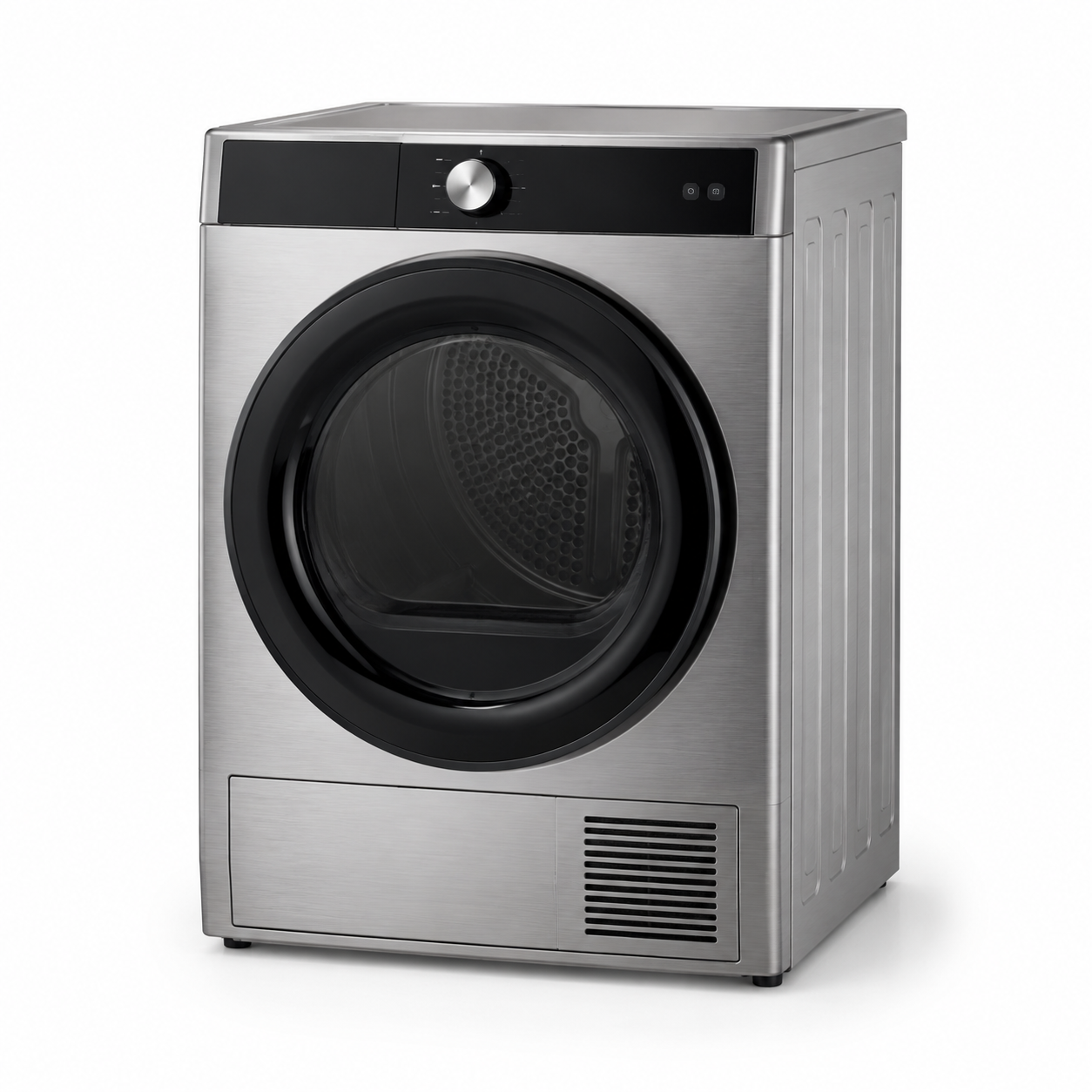 Silver stainless steel front-load dryer with black accents