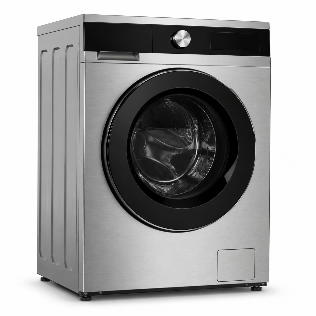 Silver stainless steel front-load washer with black glass door